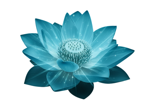 A radiant, teal-toned lotus flower, subtly illuminated, displays intricate detail against a stark black background.