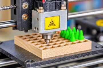 3D printer depositing small green objects onto a wooden grid