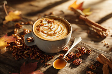 Pecan maple latte in a ceramic cup with latte art, surrounded by pecans, maple syrup, cinnamon sticks, and autumn leaves on a rustic wooden table. Ideal for seasonal, food, or beverage content