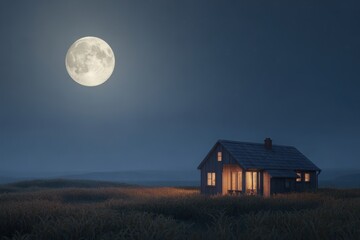 Photorealistic cozy wooden cabin illuminated at night under a large full moon in a grassy field house