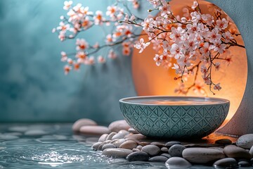Serene cherry blossom arrangement with geometric ceramic bowl and smooth pebbles in tranquil spa setting for wellness and relaxation