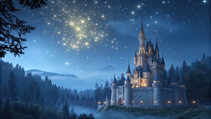 Enchanting castle illuminated at night, nestled in a misty forest with glowing stars and mountains creating a dreamy fantasy scene.