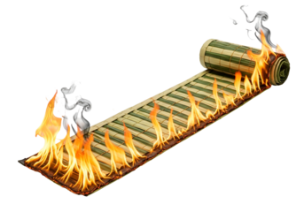 A rolled bamboo mat is engulfed in flames against a black background, showcasing its flammability.