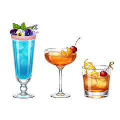Assortment of colorful cocktails with garnishes isolated on transparent background