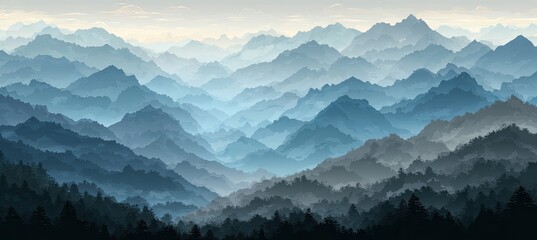 Vast mountain range shrouded in misty blues and greys