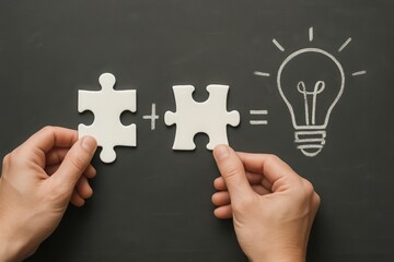 Puzzle pieces coming together to form a bright idea lightbulb