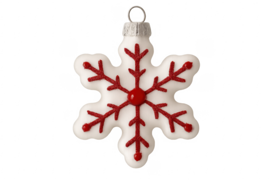 White and red snowflake christmas ornament hanging with transparent background