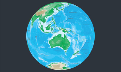 Flat design illustration of Australia on a globe, showing its position on the world map and symbolizing geography, travel, and global awareness in a clean, minimal style.
