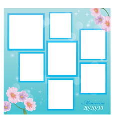 Memories collage template with blue frames and flowers isolated on white background