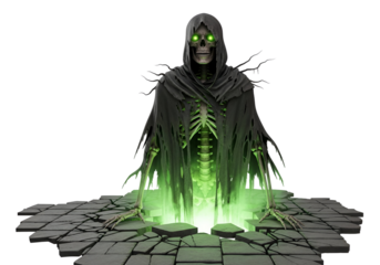 A skeletal figure in a dark robe emerges from a gaping chasm in a cracked stone floor, glowing with an eerie green light.