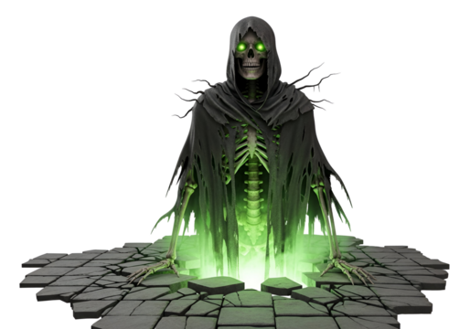 A skeletal figure in a dark robe emerges from a gaping chasm in a cracked stone floor, glowing with an eerie green light.