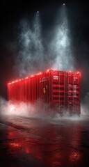 Red shipping container on a dark stage