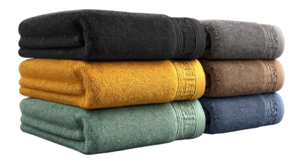 Stacked bath towels in various colors