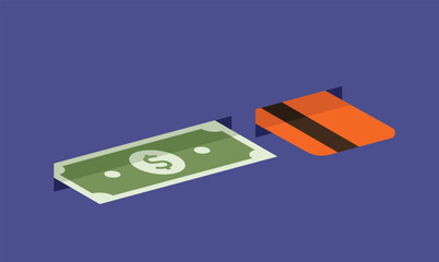 illustration of a money bill and a credit card side by side, symbolizing financial transactions, spending, and modern payment methods in a clean and minimal composition