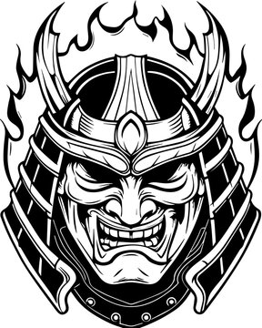 SVG tattoo design inspired by traditional Japanese Irezumi (Wabori) style. Ferocious Samurai Warrior Helmet with Flames and Intense Expression