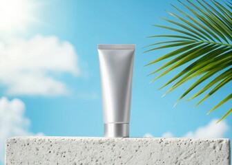 Silver cosmetic tube on textured stone pedestal against bright blue sky with palm frond silver tube skincare