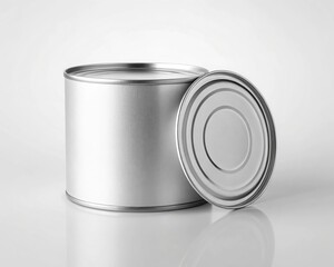 Silver metal tin can with open lid on a reflective white surface metal can food can