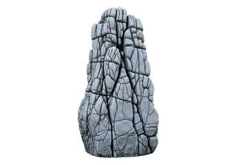 A grayscale rock formation, textured with deep cracks, stands out against a black background.