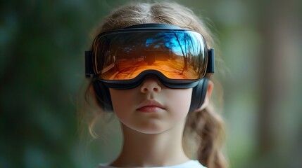 A young child wearing modern virtual reality goggles focused and immersed in a digital world