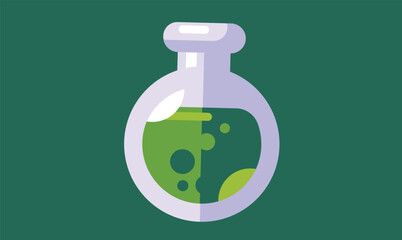 Flat design illustration of a chemical tube bottle filled with a green Halloween potion, symbolizing magic, alchemy, and spooky fun in a playful and creative seasonal style.