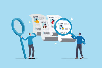 Review job candidate, applicant for vacancy or hiring qualification, talent review or analyze resume, recruitment or selection, business people HR review candidate resume with magnifying glass.
