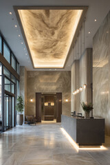 A condominium tower lobby with concierge service Residents check in at the elegant desk The mood feels polished and professional
