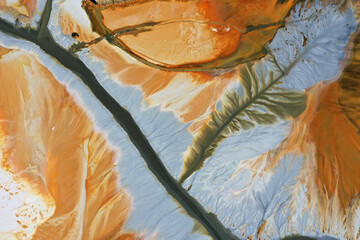 Aerial view of a big waste decanting lake, tailing pond. Mining residual waters discharged from copper mine