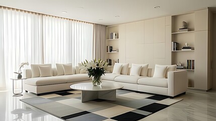 Fototapeta premium Spacious living room with cream sectional sofa and geometric rug, filled with soft natural light from wide curtains. A chic and relaxing space blending modern minimalism with cozy elegance.