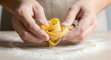 Hands Gently Working with Fresh Pasta.