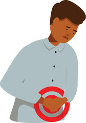 Man experiencing stomach ache, highlighted by red target symbol, indicating discomfort and potential health issue