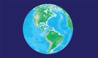 Detailed globe view showing the Americas against a deep blue background. The Earth is depicted with green continents, blue oceans, and visible topographical features.