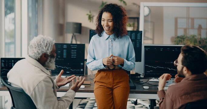 Woman, team and trader meeting with discussion for investment ideas, trading dashboard or cryptocurrency. Business people, stock market and chat in broker partnership for financial strategy with data - Powered by Adobe