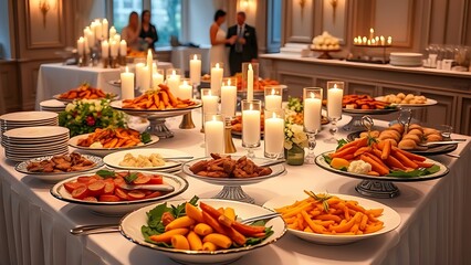 An elegant wedding buffet table with gourmet dishes illuminated by soft candlelight.