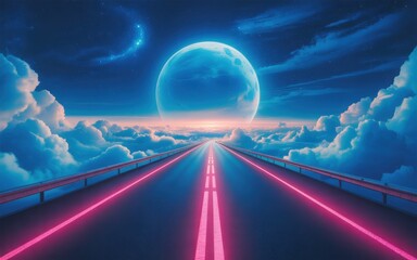 Surreal highway leading to a giant planet over clouds at night with neon pink lines road moon