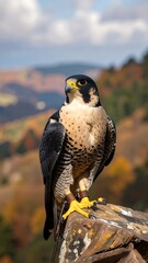 Falcon perched on rock, autumnal backdrop