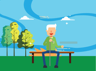 Flat design illustration of an old man sitting on a garden bench surrounded by autumn trees, symbolizing peace, reflection, and the beauty of seasonal change in a serene outdoor scene