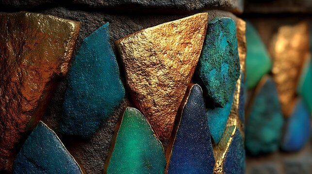 the image depicts a close up of an ornate pillar or structure covered with colorful, irregular, geometric gemstone like shapes