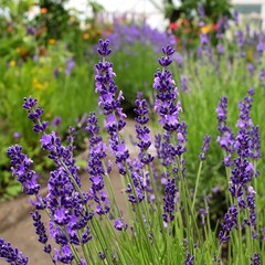 Naklejka premium Lush purple lavender spikes in a garden bed