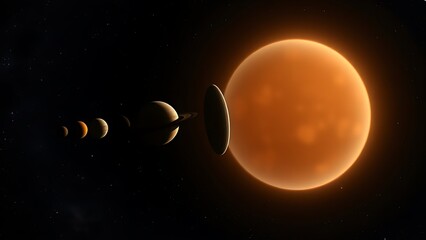 Naklejka premium A wide-angle view of the solar system's planets in alignment, featuring a mysterious translucent sphere.