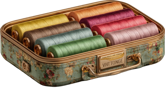 Vintage-style sewing thread case with colorful spools