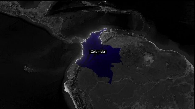 A dark map showing colombia highlighted with a white outline and the name colombia centered on it