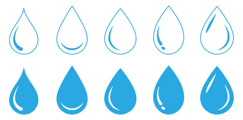 Water drop shape, blue water drop icon set.  Minimal water drop icons.  drop, dripped, rain, oil, droplet, splash, freshness, splashing, refreshing, vector, clear, vector 