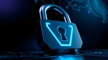 Glowing blue neon padlock with keyhole symbolizing cybersecurity, digital privacy, and data protection, set against a dark futuristic circuit board background, representing online safety and secure te