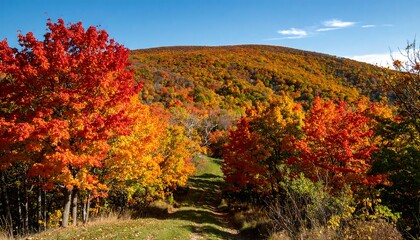 Autumnal mountain vista. Vibrant fall foliage blankets a ridgeline path