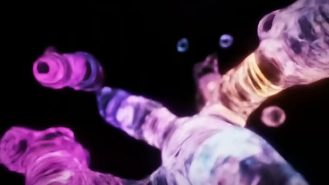 High-quality 4K digital animation depicting abstract bioluminescent organisms or neural pathways glowing with vibrant purple and pink light in a dark, microscopic world