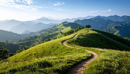 Naklejka premium Green landscape featuring rolling grassy hills and a winding path