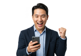Excited asian man celebrating success while holding smartphone with joyful expression transparent background
