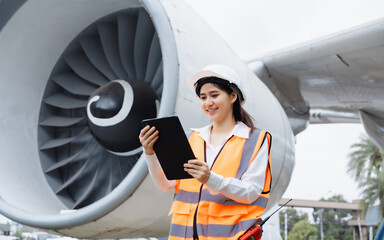 An Asian woman stands confidently in front of a jet engine,wearing a safety helmet  reflective vest,holding tablet,representing aviation engineering,safety inspection,professional roles in airline © NanSan