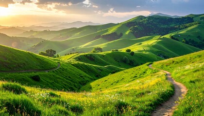 Fototapeta premium Green landscape featuring rolling grassy hills and a winding path