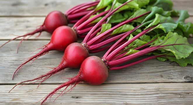 A bunch of fresh organic red beets with green leafy tops on a rustic wooden table.